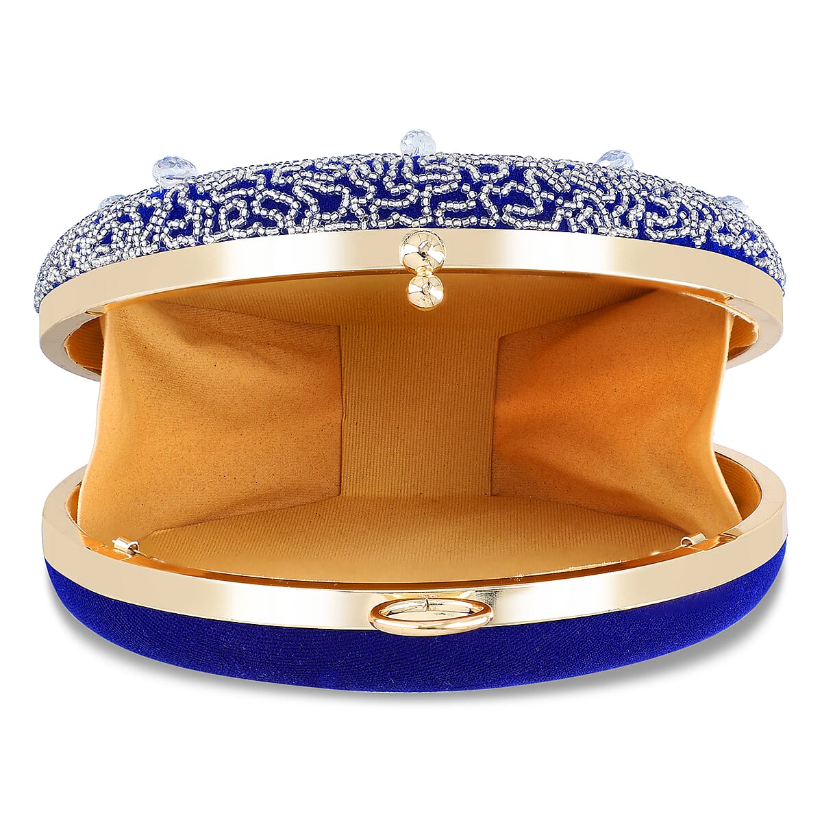 Royal Blue Hand Embroidery Round Shaped Beads Studded Velvet Clutch with Ring Handle and Sling Chain image number 9
