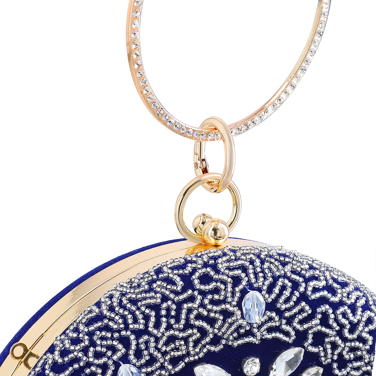 Royal Blue Hand Embroidery Round Shaped Beads Studded Velvet Clutch with Ring Handle and Sling Chain image number 10