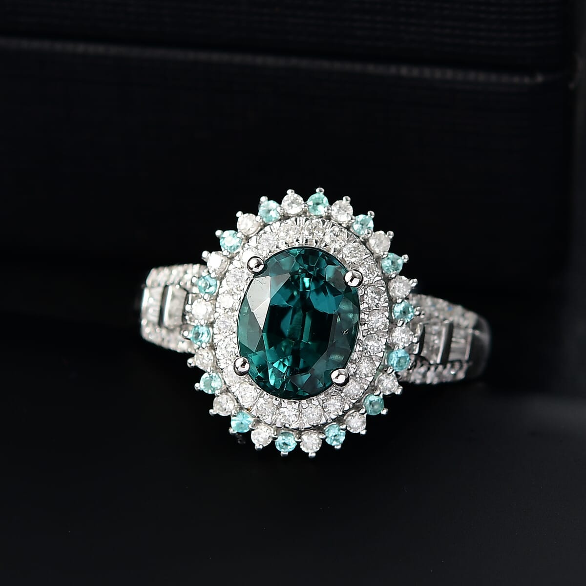 Certified & Appraised Luxoro 14K White Gold AAA Pirineu Lagoon Tourmaline, Paraiba Tourmaline, Diamond (G-H, I2) (0.77 cts) Ring (Size 10.0) (5.90 g) 3.30 ctw image number 1