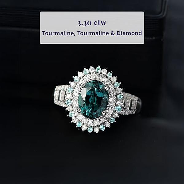 Certified & Appraised Luxoro AAA Pirineu Lagoon Tourmaline, Paraiba Tourmaline and G-H I2 Diamond 3.30 ctw Ring in 14K White Gold (Size 10.0) 5.90 Grams