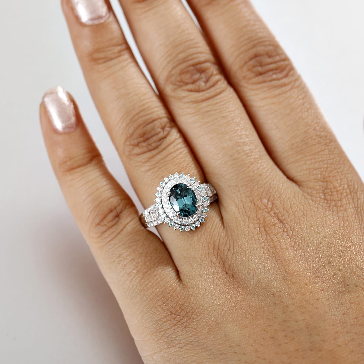Certified & Appraised Luxoro 14K White Gold AAA Pirineu Lagoon Tourmaline, Paraiba Tourmaline, Diamond (G-H, I2) (0.77 cts) Ring (Size 10.0) (5.90 g) 3.30 ctw image number 2