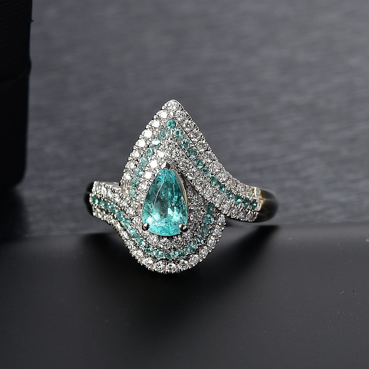 Certified & Appraised Rhapsody AAAA Paraiba Tourmaline and E-F VS2 Diamond 2.15 ctw Ring in 950 Platinum (Size 9.0) 10.15 Grams image number 1