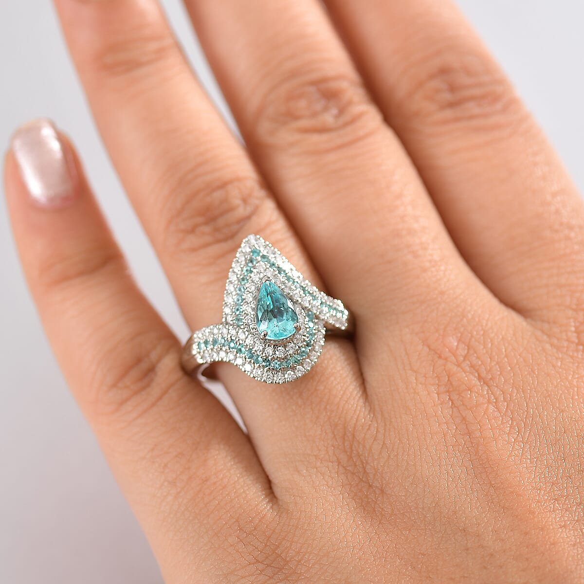 Certified & Appraised Rhapsody AAAA Paraiba Tourmaline and E-F VS2 Diamond 2.15 ctw Ring in 950 Platinum (Size 9.0) 10.15 Grams image number 2