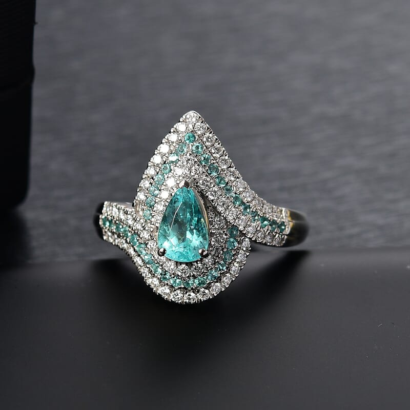 Rhapsody 950 Platinum AAAA Paraiba Tourmaline, Diamond (E-F, VS2) (0.65 cts) Ring (Size 9.5) (10.15 g) 2.15 ctw