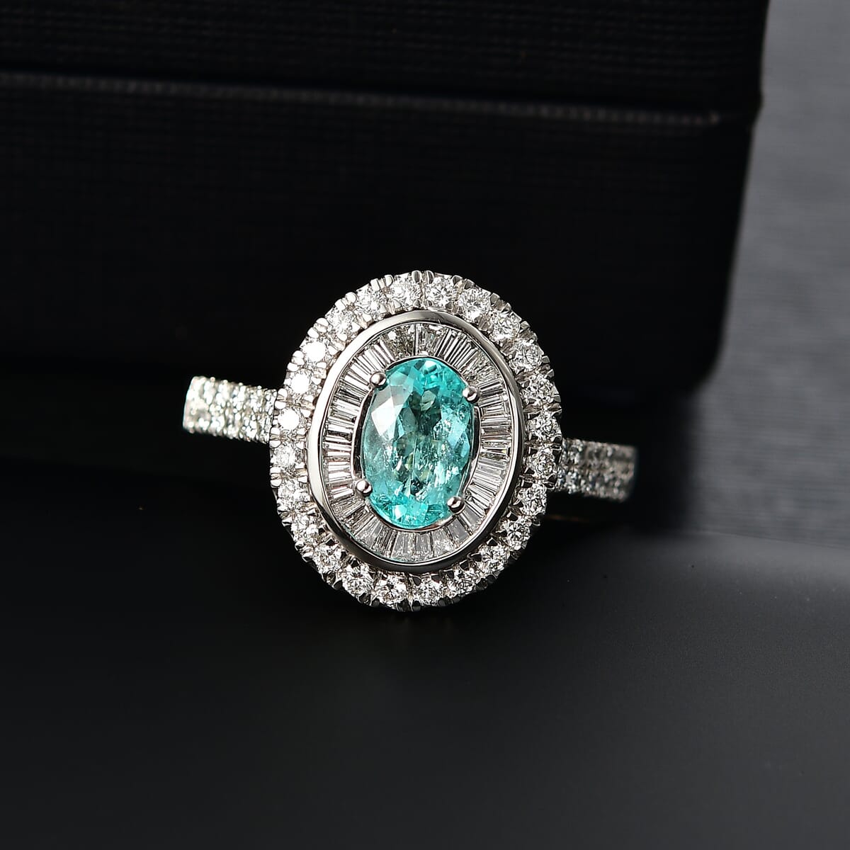 Certified & Appraised Rhapsody AAAA Paraiba Tourmaline and E-F VS2 Diamond 2.10 ctw Ring in 950 Platinum 7.10 Grams image number 1