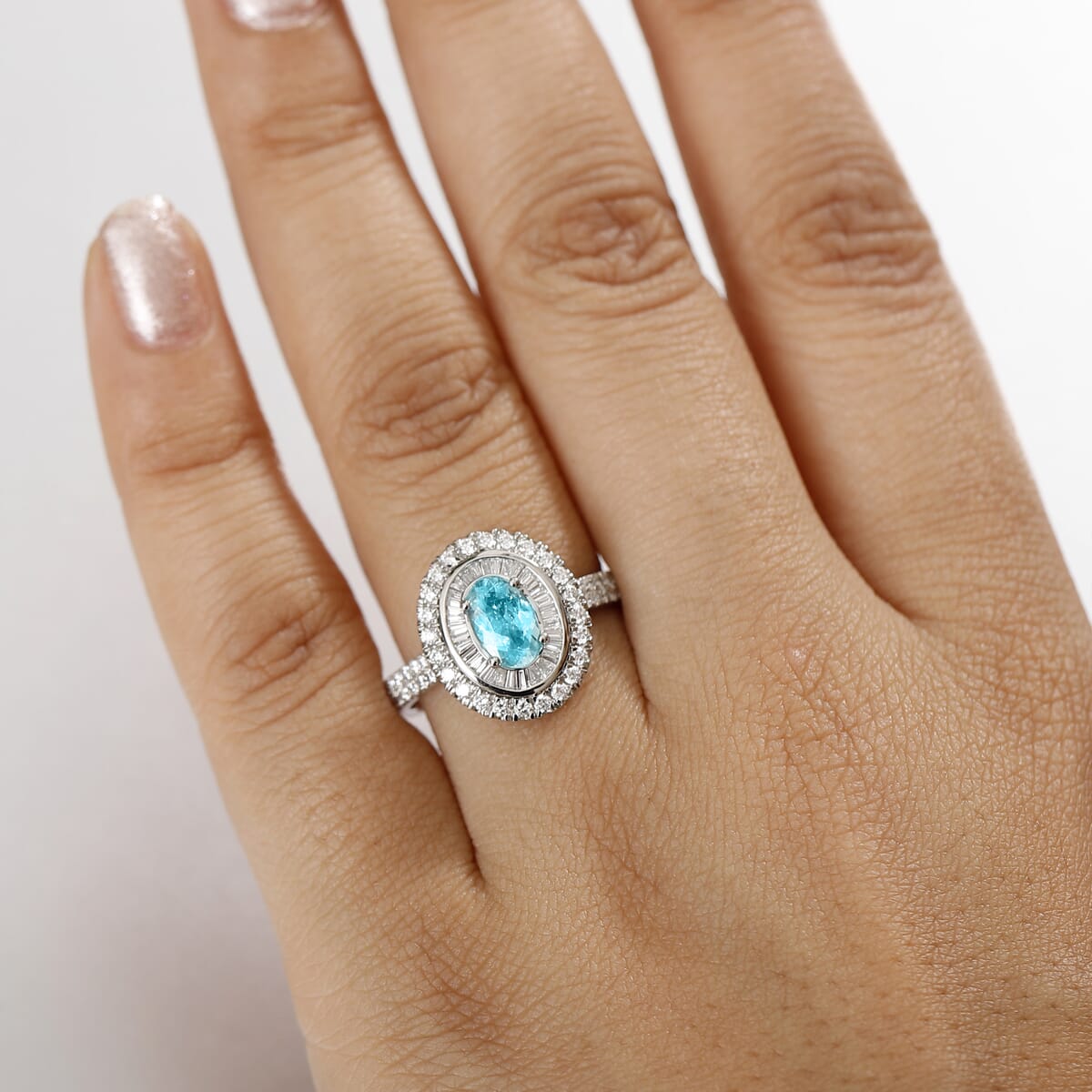 Certified & Appraised Rhapsody AAAA Paraiba Tourmaline and E-F VS2 Diamond 2.10 ctw Ring in 950 Platinum 7.10 Grams image number 2
