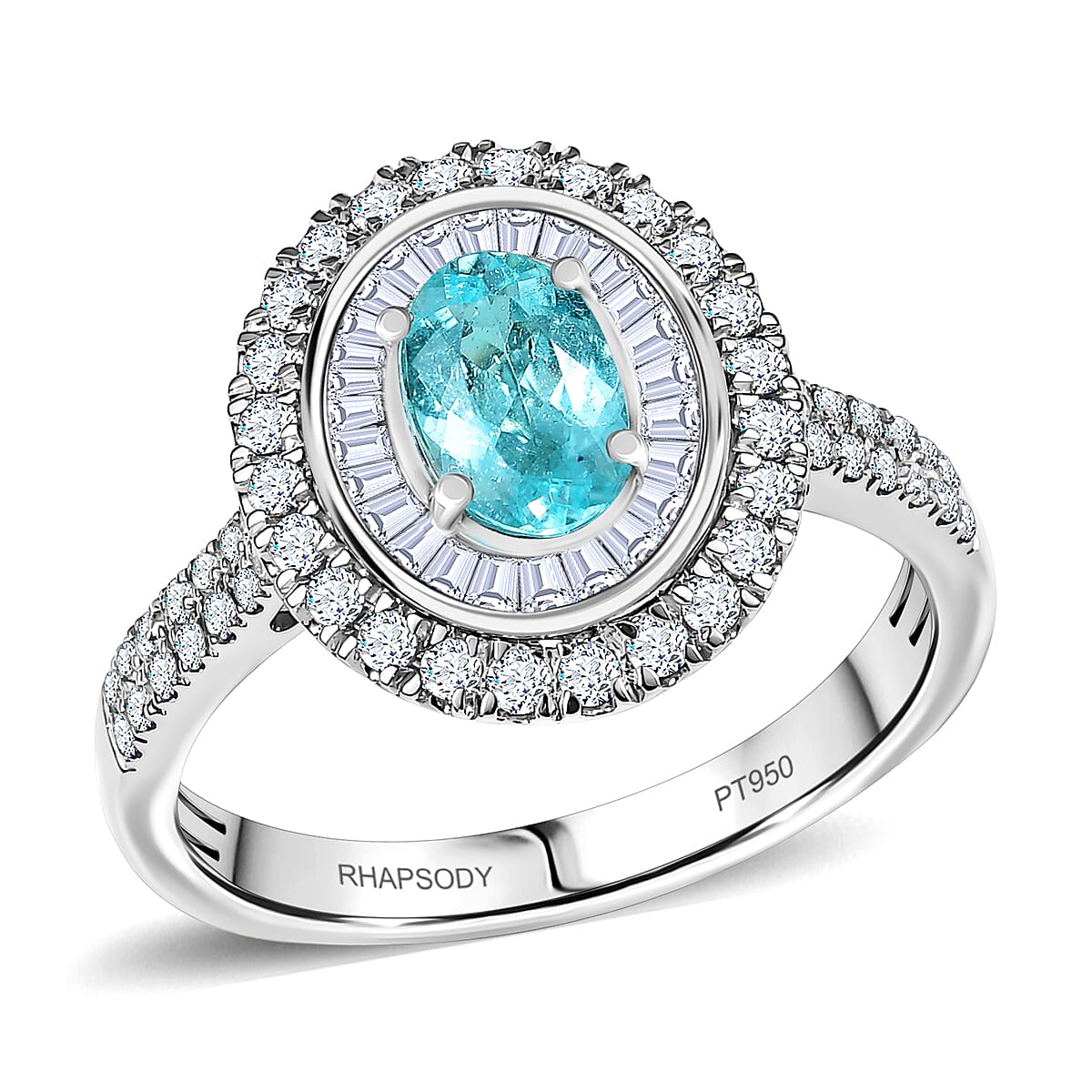 Certified & Appraised Rhapsody AAAA Paraiba Tourmaline and E-F VS2 Diamond 2.10 ctw Ring in 950 Platinum (Size 7.0) 7.10 Grams image number 0
