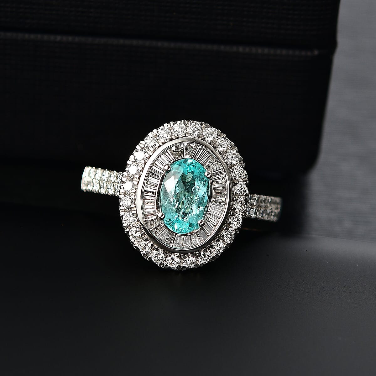 Certified & Appraised Rhapsody AAAA Paraiba Tourmaline and E-F VS2 Diamond 2.10 ctw Ring in 950 Platinum (Size 7.0) 7.10 Grams image number 1