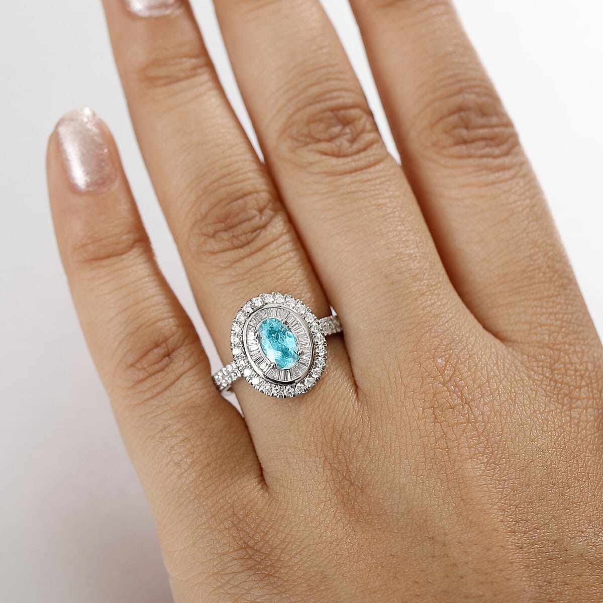 Certified & Appraised Rhapsody AAAA Paraiba Tourmaline and E-F VS2 Diamond 2.10 ctw Ring in 950 Platinum (Size 7.0) 7.10 Grams image number 2