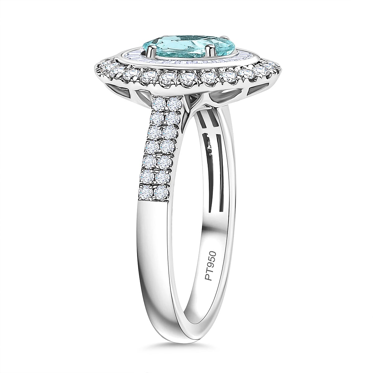 Certified & Appraised Rhapsody AAAA Paraiba Tourmaline and E-F VS2 Diamond 2.10 ctw Ring in 950 Platinum (Size 7.0) 7.10 Grams image number 3
