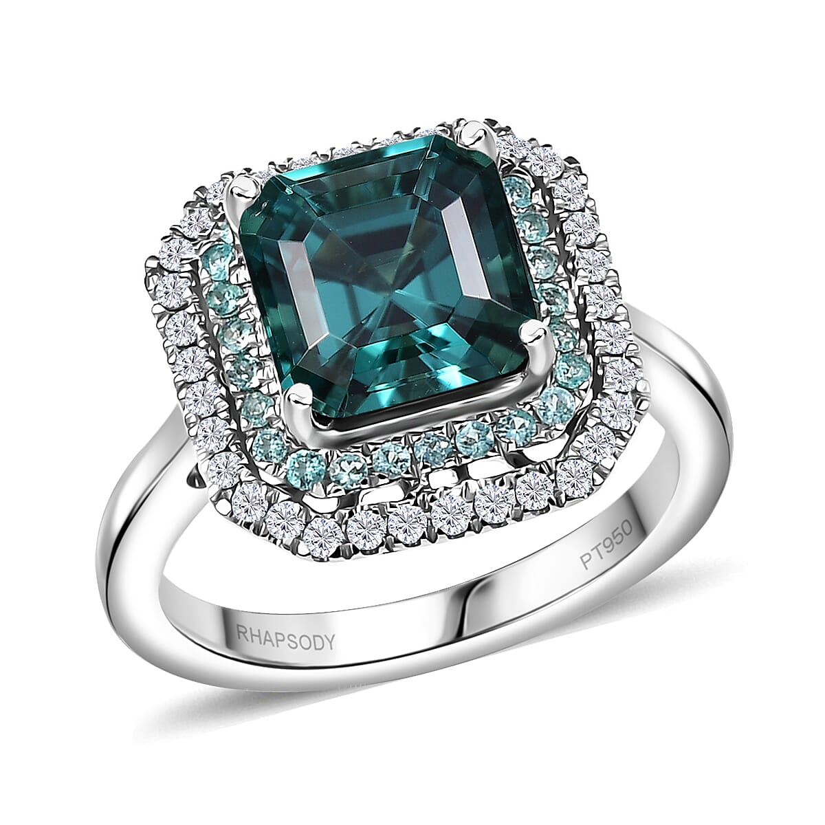 Certified & Appraised Rhapsody AAAA Lagoon Tourmaline, Paraiba Tourmaline and E-F VS2 Diamond 5.15 ctw Ring in 950 Platinum (Size 9.0) 8.30 Grams image number 0