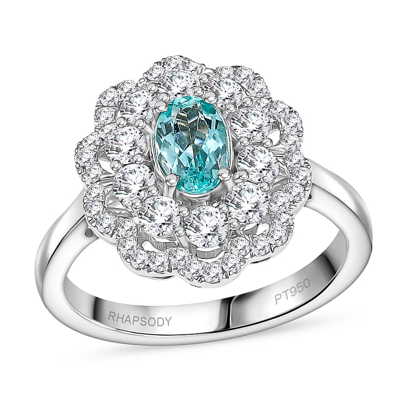 Certified & Appraised Rhapsody 950 Platinum AAAA Paraiba Tourmaline, Diamond (E-F, VS2) (1.17 cts) Ring (Size 10.0) (9.25 g) 2.00 ctw