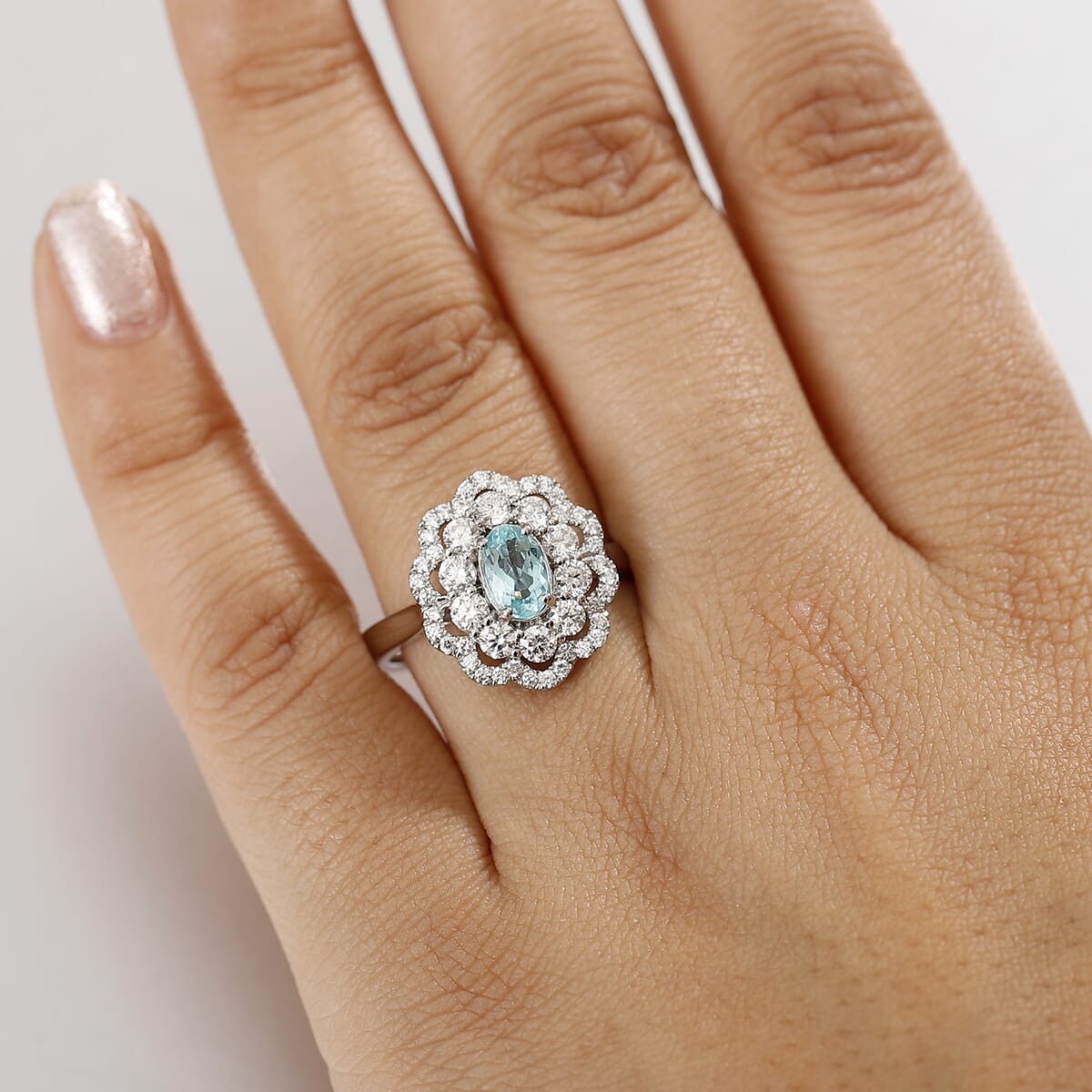 Certified & Appraised Rhapsody AAAA Paraiba Tourmaline and E-F VS2 Diamond 2.00 ctw Ring in 950 Platinum 9.25 Grams (Del. in 10-12 Days) image number 2