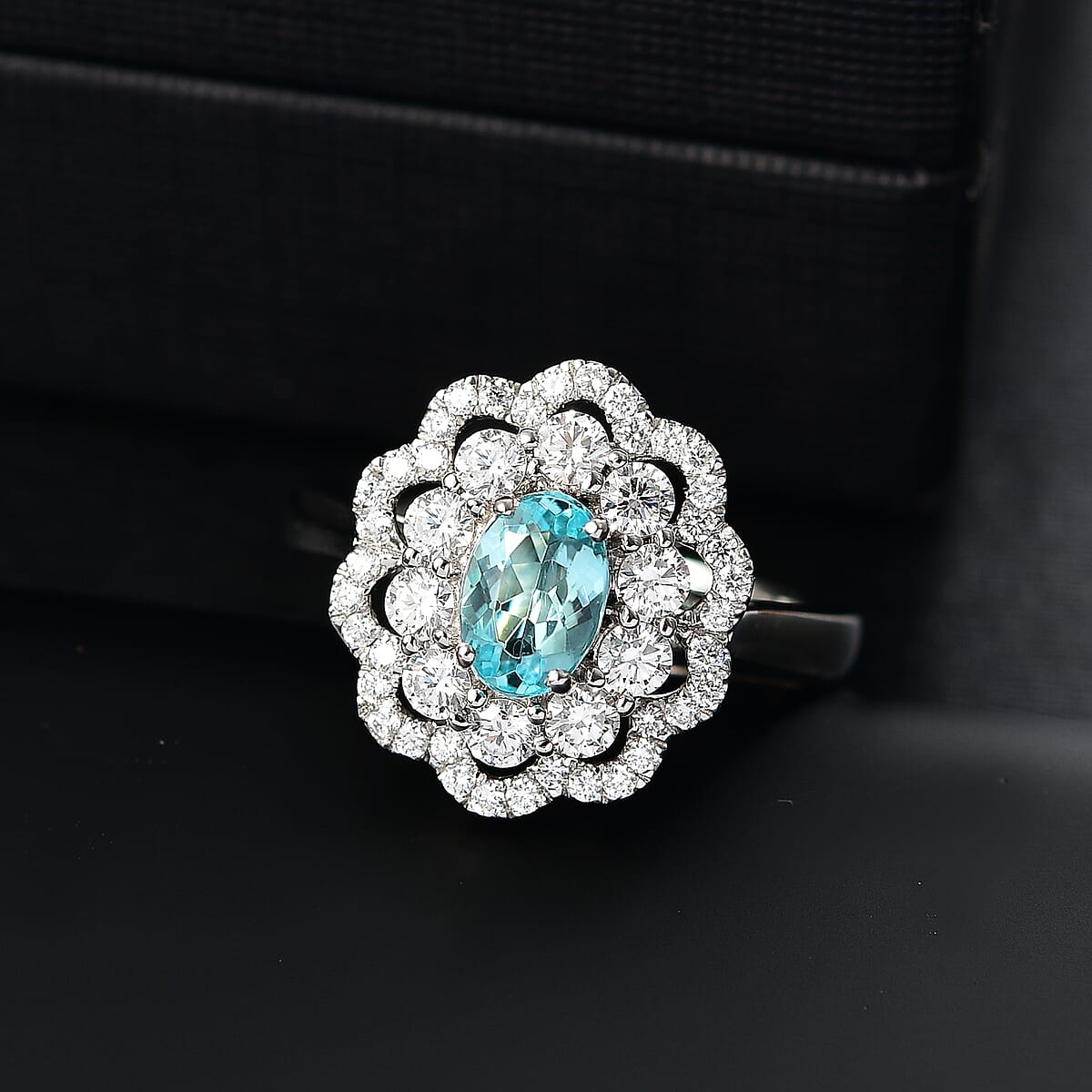 Certified & Appraised Rhapsody AAAA Paraiba Tourmaline and E-F VS2 Diamond 2.00 ctw Ring in 950 Platinum (Size 9.0) 9.25 Grams image number 1