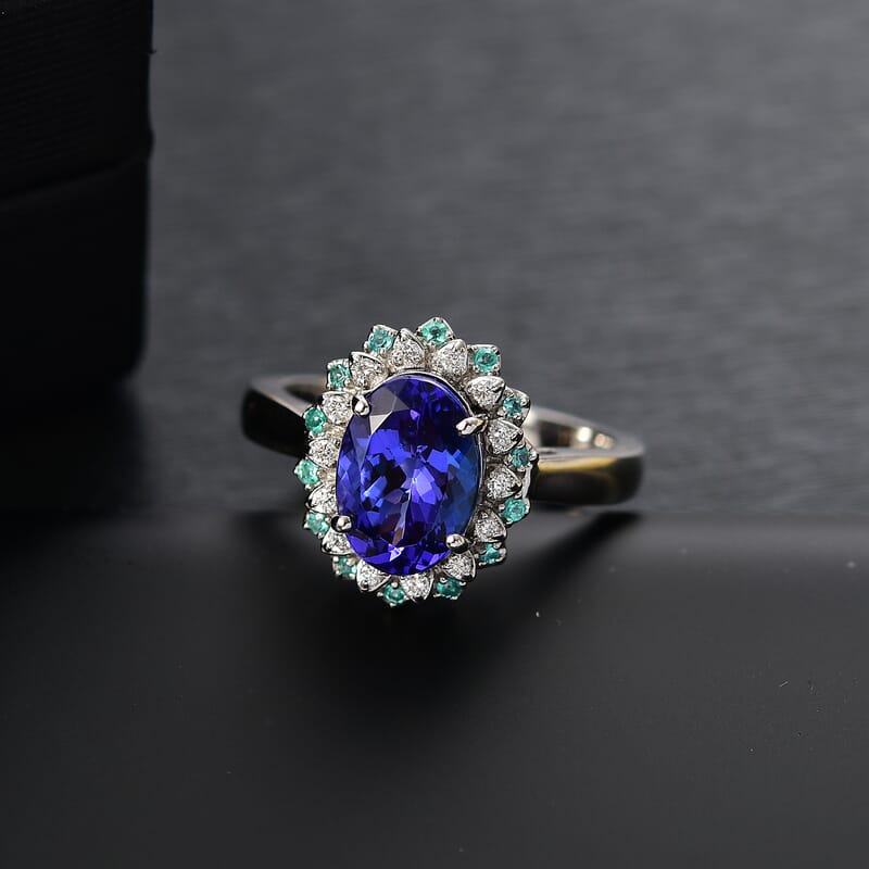 Certified & Appraised Rhapsody 950 Platinum AAAA Tanzanite, Paraiba Tourmaline and Diamond (E-F, VS2) Blooming Floral Ring (Size 11.0) (10.90 g) 3.55 ctw