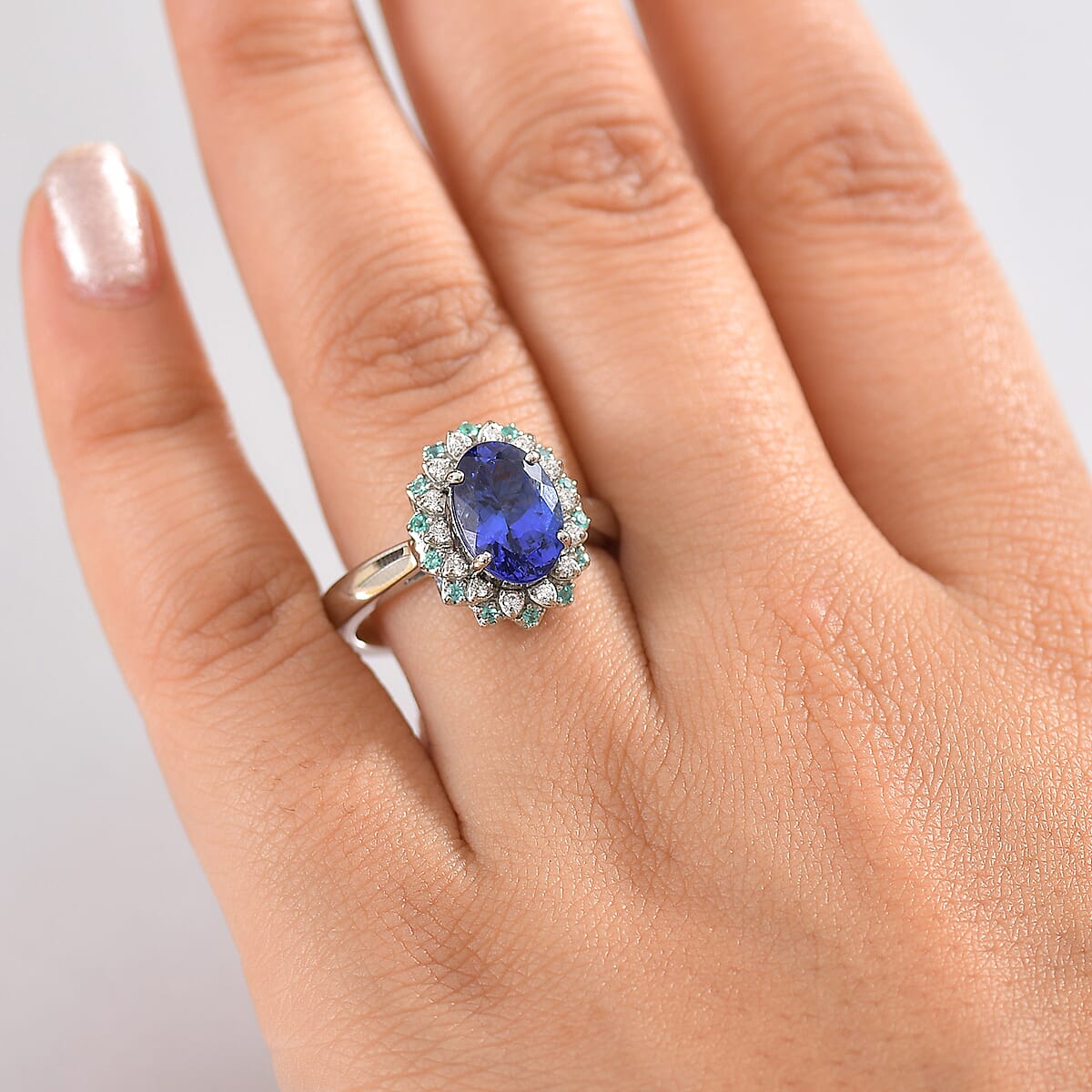 Certified & Appraised Rhapsody AAAA Tanzanite, Paraiba Tourmaline and E-F VS2 Diamond 3.55 ctw Ring in 950 Platinum (Size 8.0) 10.90 Grams image number 2