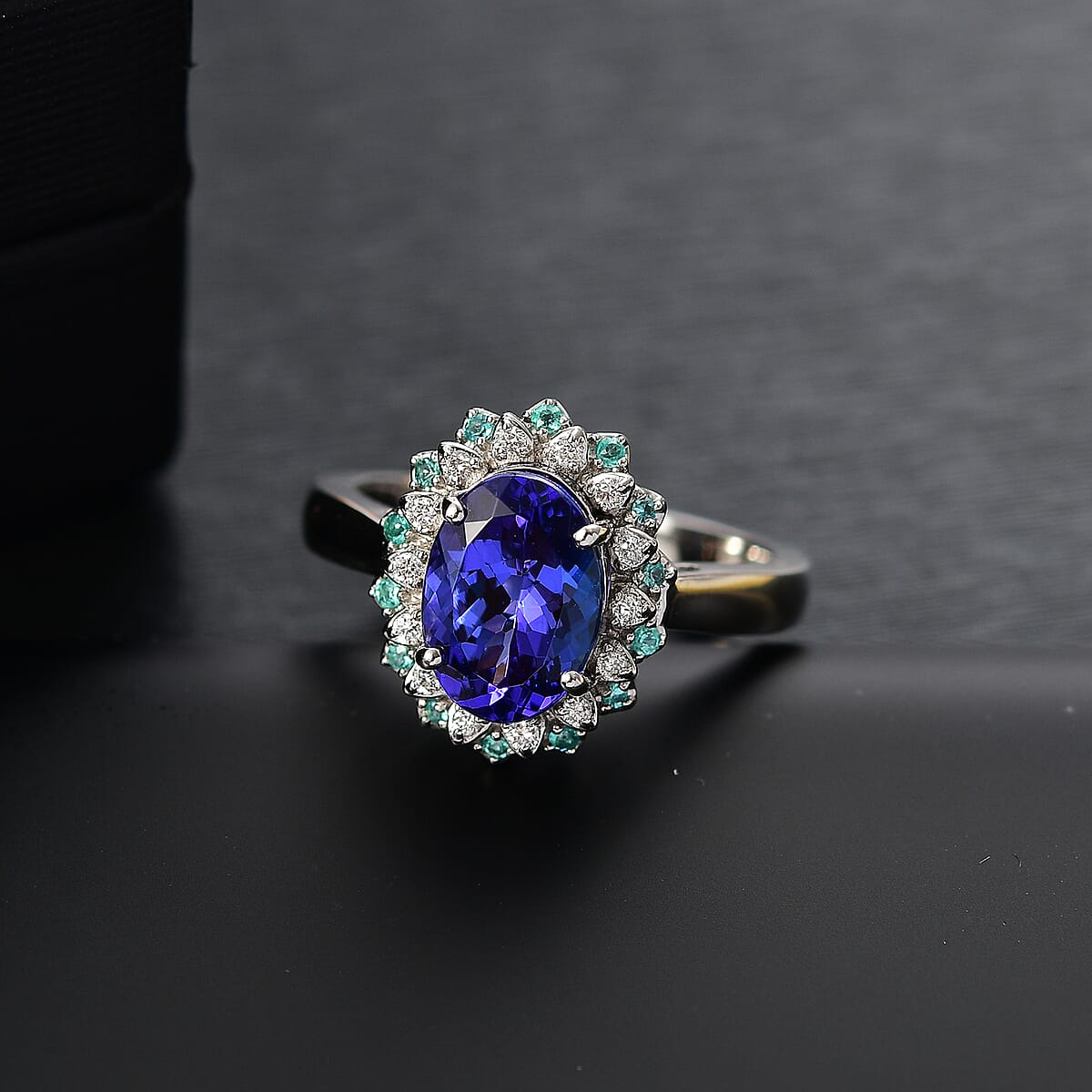 Certified & Appraised Rhapsody AAAA Tanzanite, Paraiba Tourmaline and E-F VS2 Diamond 3.55 ctw Ring in 950 Platinum (Size 9.0) 10.90 Grams image number 1