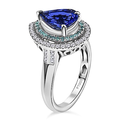 Certified & Appraised Rhapsody 950 Platinum AAAA Tanzanite, Paraiba Tourmaline and Diamond (E-F, VS2) (0.51 cts) Ring (Size 11.0) (9.60 g) 4.50 ctw