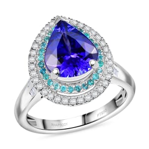 Certified & Appraised Rhapsody AAAA Tanzanite, Paraiba Tourmaline and E-F VS2 Diamond 4.50 ctw Ring in 950 Platinum (Size 6.0) 9.60 Grams