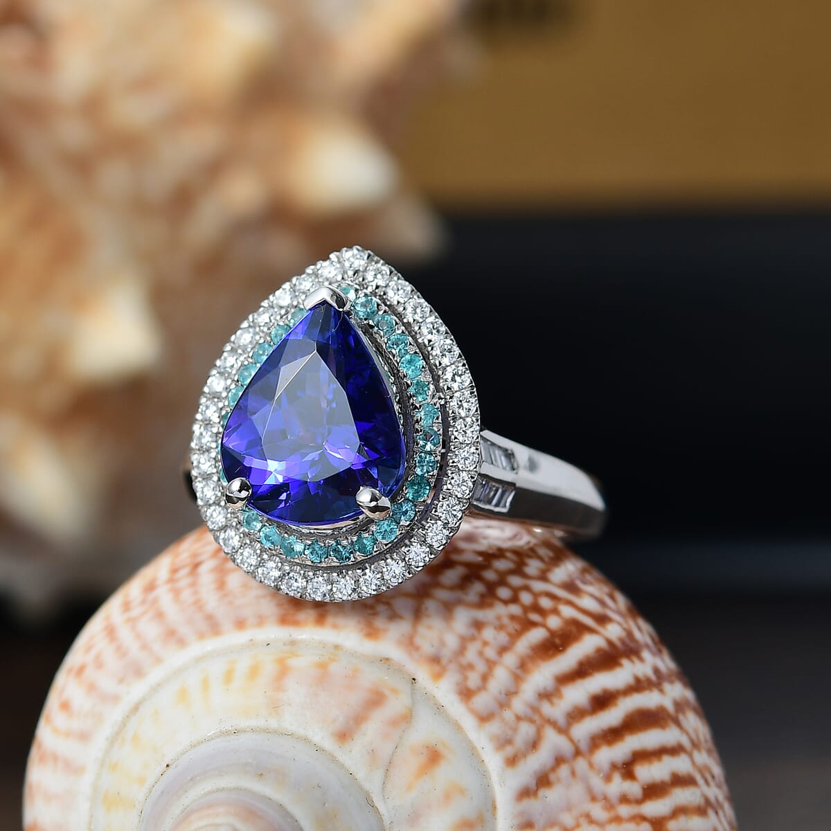 Certified & Appraised Rhapsody AAAA Tanzanite, Paraiba Tourmaline and E-F VS2 Diamond 4.50 ctw Ring in 950 Platinum (Size 8.0) 9.60 Grams image number 1