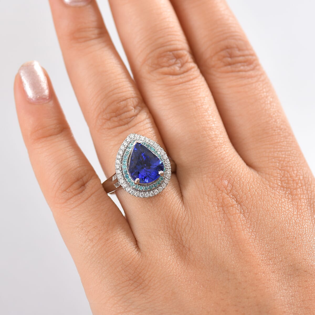 Certified & Appraised Rhapsody AAAA Tanzanite, Paraiba Tourmaline and E-F VS2 Diamond 4.50 ctw Ring in 950 Platinum (Size 8.0) 9.60 Grams image number 2