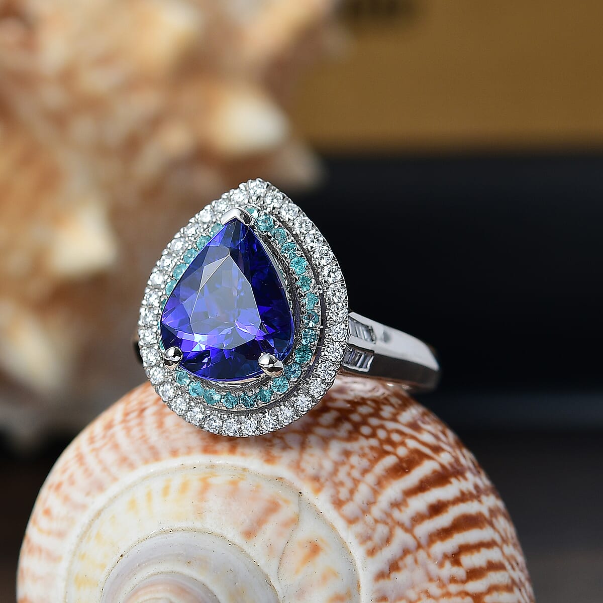 Certified & Appraised Rhapsody AAAA Tanzanite, Paraiba Tourmaline and E-F VS2 Diamond 4.50 ctw Ring in 950 Platinum (Size 9.0) 9.60 Grams image number 1