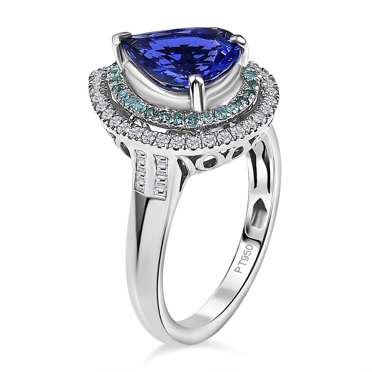 Certified & Appraised Rhapsody AAAA Tanzanite, Paraiba Tourmaline and E-F VS2 Diamond 4.50 ctw Ring in 950 Platinum (Size 9.0) 9.60 Grams image number 3