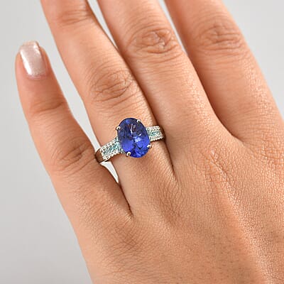 Certified & Appraised Rhapsody 950 Platinum AAAA Tanzanite, Paraiba Tourmaline and Diamond (E-F, VS2) (0.16 cts) Ring (Size 11.0) (6.50 g) 5.15 ctw