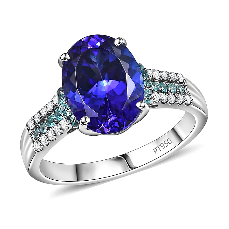 Certified & Appraised Rhapsody 950 Platinum AAAA Tanzanite, Paraiba Tourmaline and Diamond (E-F, VS2) (0.16 cts) Ring (Size 12.0) (6.50 g) 5.15 ctw