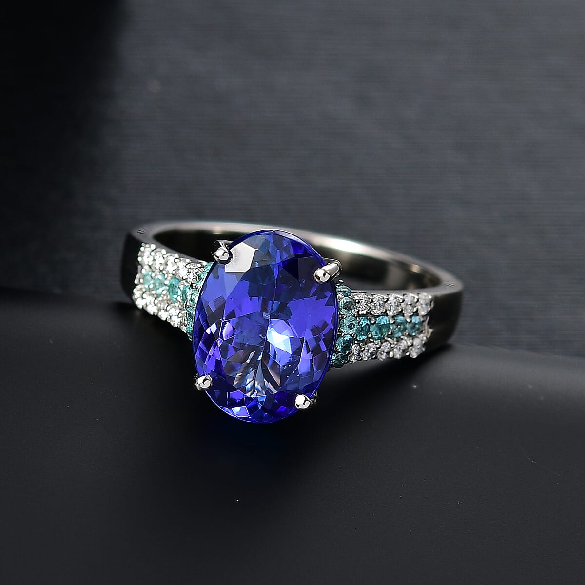 Certified & Appraised Rhapsody AAAA Tanzanite, Paraiba Tourmaline and E-F VS2 Diamond 5.15 ctw Ring in 950 Platinum (Size 7.0) 6.50 Grams image number 1