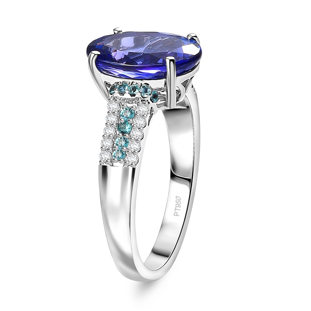 Certified & Appraised Rhapsody AAAA Tanzanite, Paraiba Tourmaline and E-F VS2 Diamond 5.15 ctw Ring in 950 Platinum (Size 7.0) 6.50 Grams image number 3