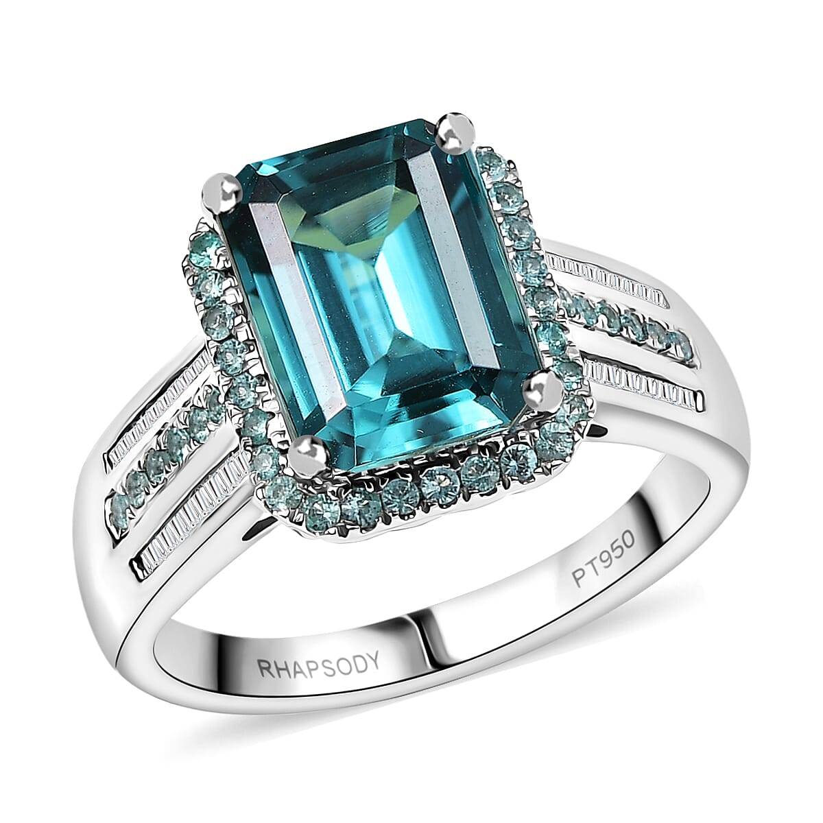 Certified & Appraised Rhapsody AAAA Lagoon Tourmaline, Paraiba Tourmaline and E-F VS2 Diamond 6.15 ctw Ring in 950 Platinum (Size 9.0) 9.40 Grams image number 0