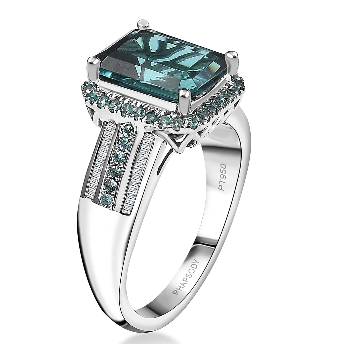 Certified & Appraised Rhapsody AAAA Lagoon Tourmaline, Paraiba Tourmaline and E-F VS2 Diamond 6.15 ctw Ring in 950 Platinum (Size 9.0) 9.40 Grams image number 3