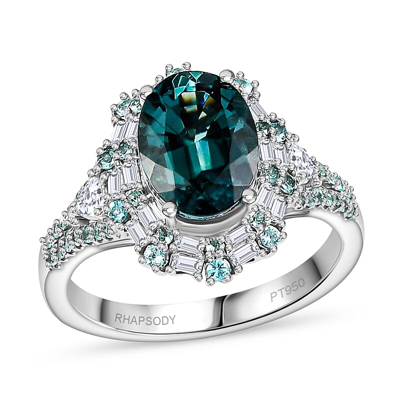 Certified & Appraised Rhapsody 950 Platinum AAAA Pirineu Lagoon Tourmaline, Paraiba Tourmaline and Diamond (E-F, VS2) (0.45 cts) Ring (Size 10.0) (9 g) 4.40 ctw