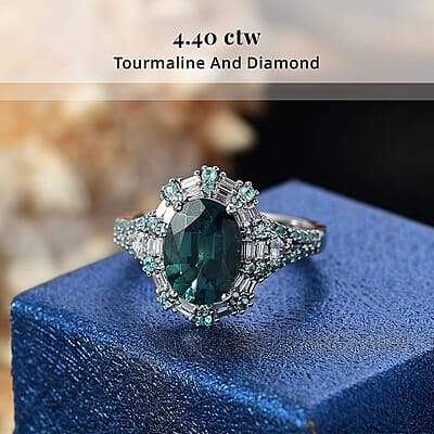 Certified & Appraised Rhapsody 950 Platinum AAAA Pirineu Lagoon Tourmaline, Paraiba Tourmaline and Diamond (E-F, VS2) (0.45 cts) Ring (Size 5.0) (9 g) 4.40 ctw