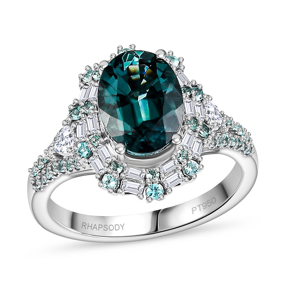 Certified & Appraised Rhapsody AAAA Pirineu Lagoon Tourmaline, Paraiba Tourmaline and E-F VS2 Diamond 4.40 ctw Ring in 950 Platinum (Size 8.0) 9 Grams image number 0
