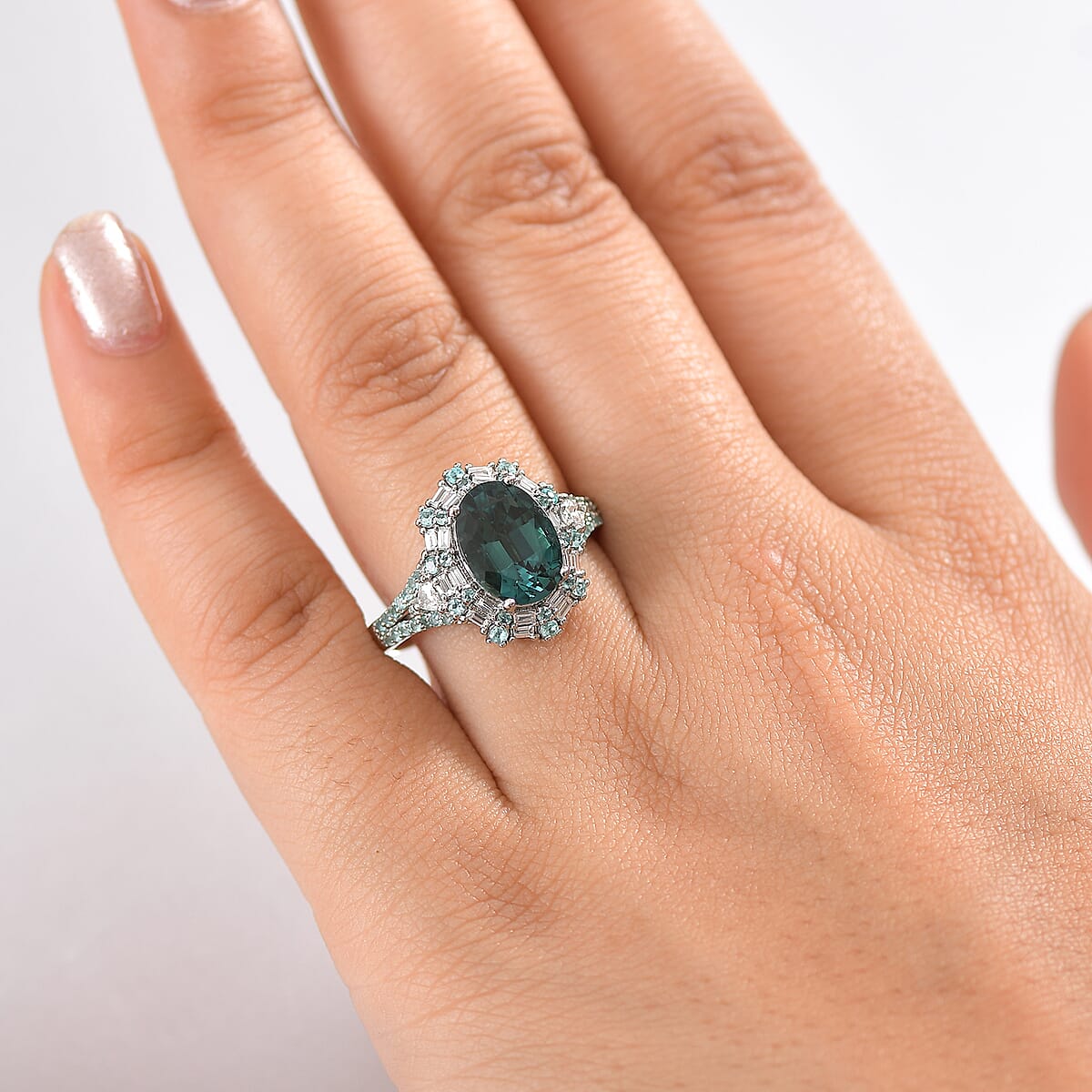 Certified & Appraised Rhapsody AAAA Pirineu Lagoon Tourmaline, Paraiba Tourmaline and E-F VS2 Diamond 4.40 ctw Ring in 950 Platinum (Size 8.0) 9 Grams image number 2