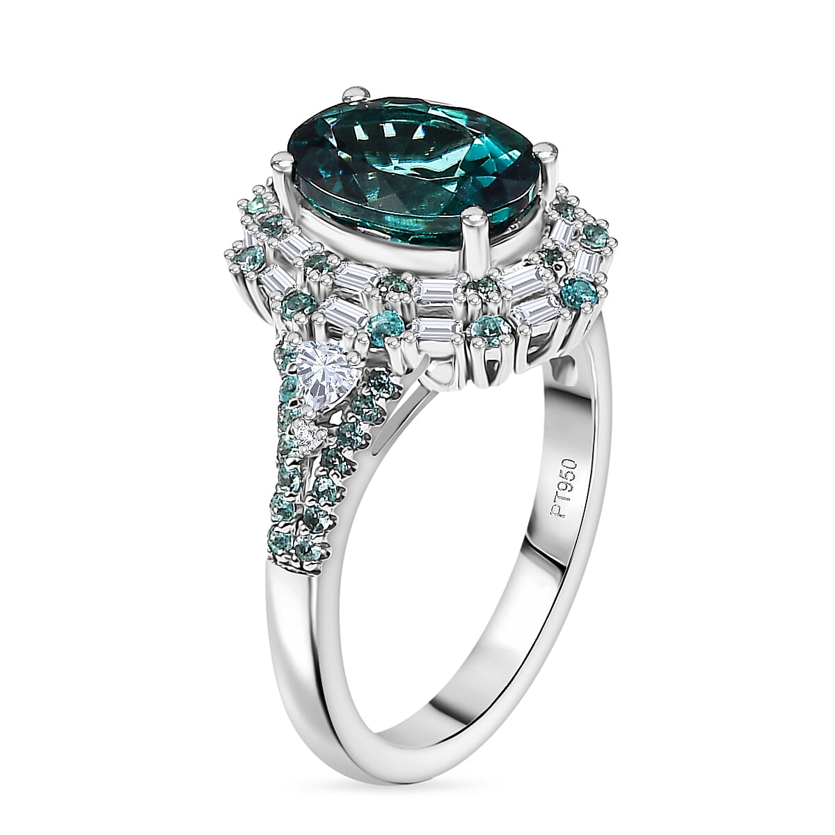 Certified & Appraised Rhapsody AAAA Pirineu Lagoon Tourmaline, Paraiba Tourmaline and E-F VS2 Diamond 4.40 ctw Ring in 950 Platinum (Size 8.0) 9 Grams image number 3