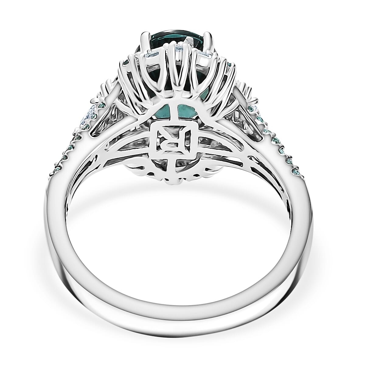 Certified & Appraised Rhapsody AAAA Pirineu Lagoon Tourmaline, Paraiba Tourmaline and E-F VS2 Diamond 4.40 ctw Ring in 950 Platinum (Size 9.0) 9 Grams image number 4