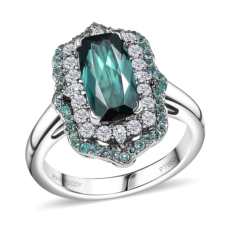Certified & Appraised Rhapsody 950 Platinum AAAA Monte Belo Indicolite, Paraiba Tourmaline and Diamond (E-F, VS2) (0.64 cts) Ring (Size 10.0) (10.28 g) 3.50 ctw