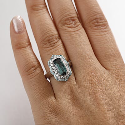 Certified & Appraised Rhapsody 950 Platinum AAAA Monte Belo Indicolite, Paraiba Tourmaline and Diamond (E-F, VS2) (0.64 cts) Ring (Size 10.0) (10.28 g) 3.50 ctw