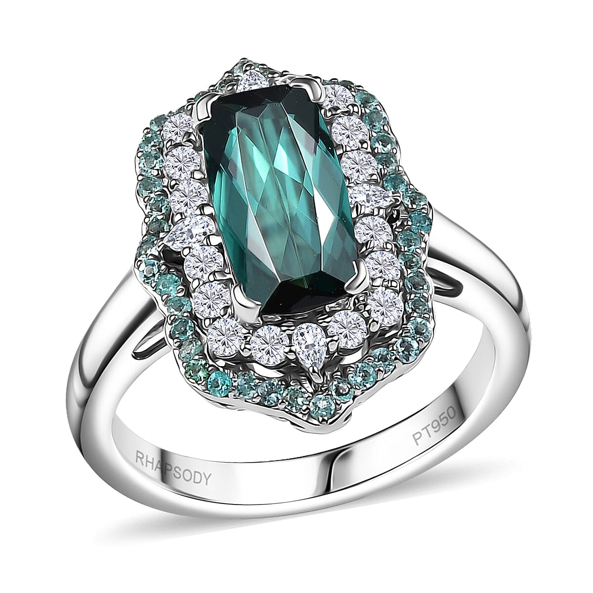 Certified & Appraised Rhapsody AAAA Monte Belo Indicolite, Paraiba Tourmaline and E-F VS2 Diamond 3.50 ctw Ring in 950 Platinum (Size 7.0) 10.28 Grams image number 0
