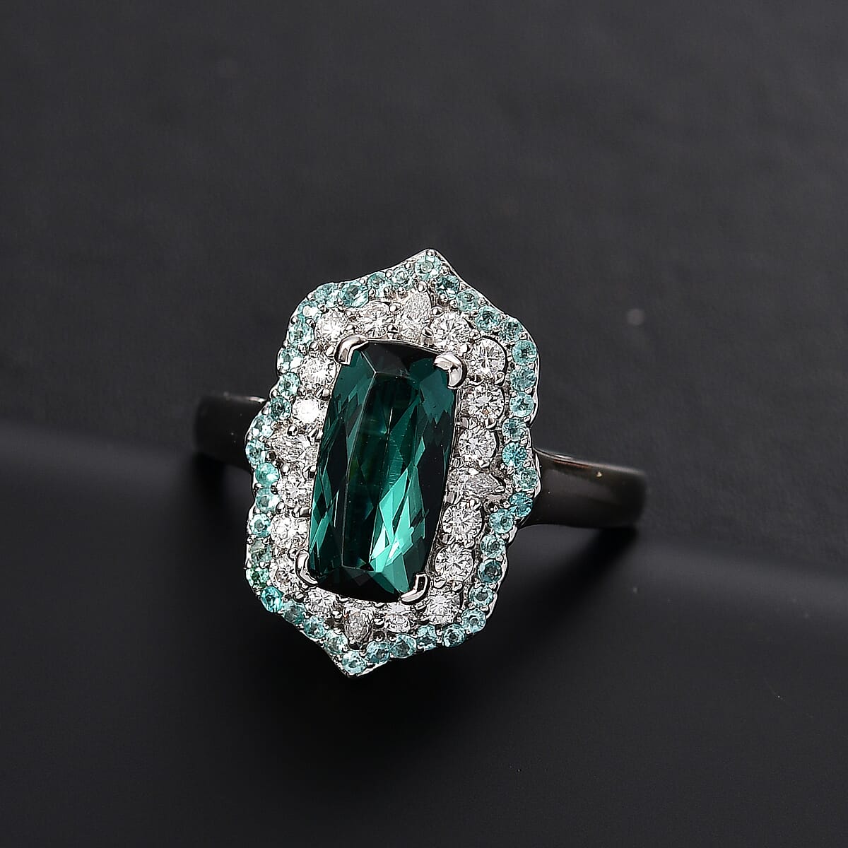 Rhapsody 950 Platinum AAAA Monte Belo Indicolite, Paraiba Tourmaline and Diamond (E-F, VS2) (0.64 cts) Ring (Size 7.5) (10.28 g) 3.50 ctw image number 1