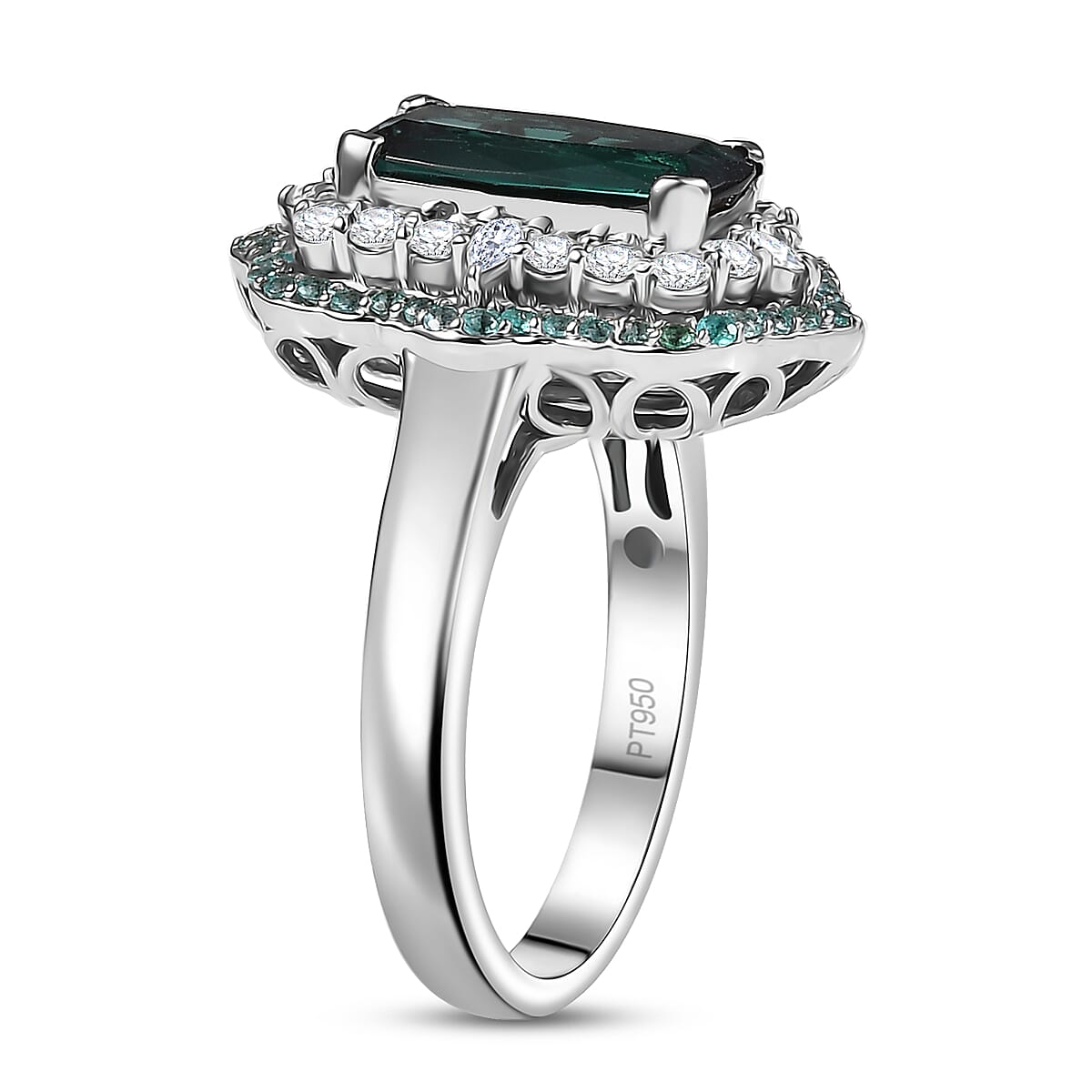 Rhapsody 950 Platinum AAAA Monte Belo Indicolite, Paraiba Tourmaline and Diamond (E-F, VS2) (0.64 cts) Ring (Size 7.5) (10.28 g) 3.50 ctw image number 3