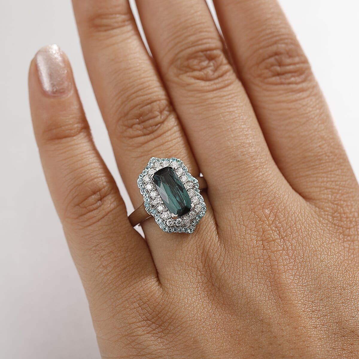 Rhapsody 950 Platinum AAAA Monte Belo Indicolite, Paraiba Tourmaline and Diamond (E-F, VS2) (0.64 cts) Ring (Size 9.5) (10.28 g) 3.50 ctw image number 2