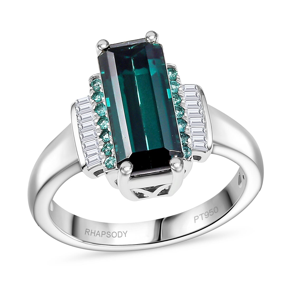 Certified & Appraised Rhapsody AAAA Monte Belo Indicolite, Paraiba Tourmaline and E-F VS Diamond 4.00 ctw Ring in 950 Platinum (Size 9.0) 7.80 Grams image number 0