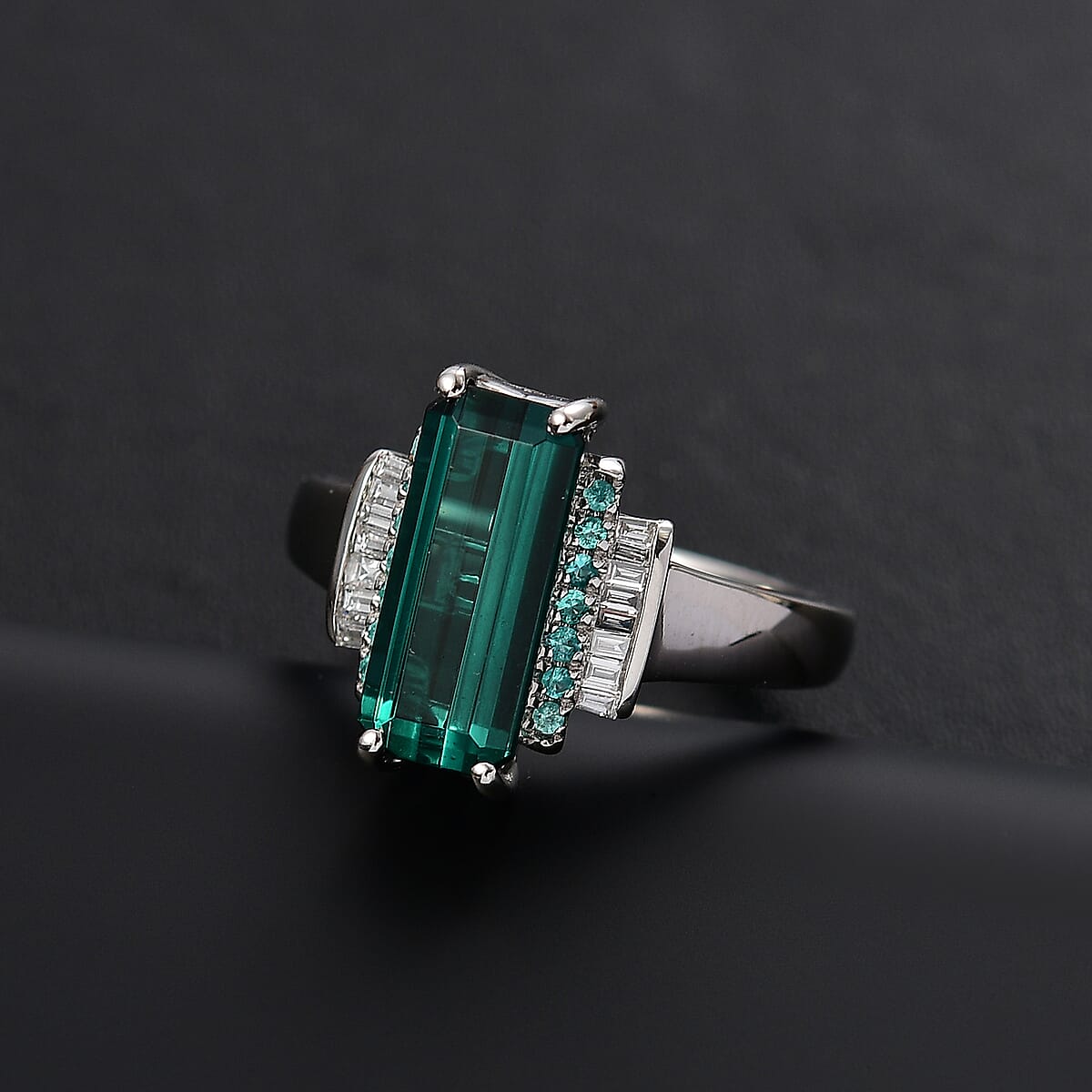 Certified & Appraised Rhapsody AAAA Monte Belo Indicolite, Paraiba Tourmaline and E-F VS Diamond 4.00 ctw Ring in 950 Platinum (Size 9.0) 7.80 Grams image number 1