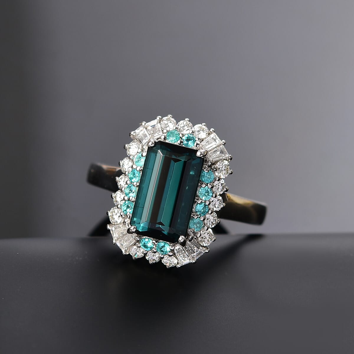 Certified & Appraised Rhapsody 950 Platinum AAAA Monte Belo Indicolite, AAAA Paraiba Tourmaline, Diamond (E-F, VS2) (0.65 cts) Ring (Size 10.0) 3.65 ctw image number 1