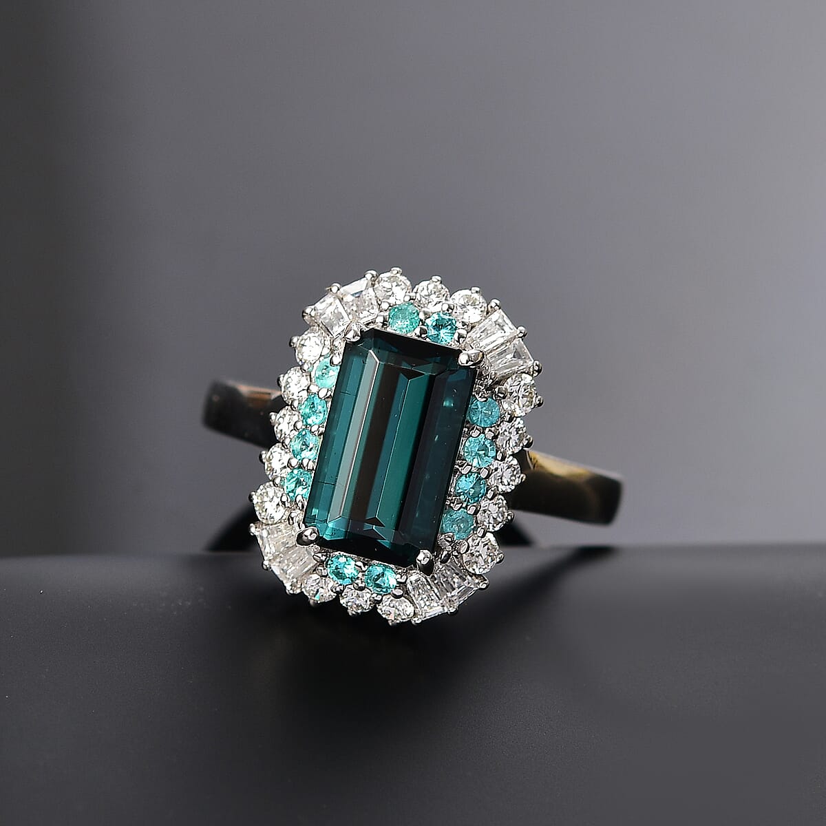 Certified & Appraised Rhapsody 950 Platinum AAAA Monte Belo Indicolite, AAAA Paraiba Tourmaline, Diamond (E-F, VS2) (0.65 cts) Ring (Size 8.5) 3.65 ctw image number 1