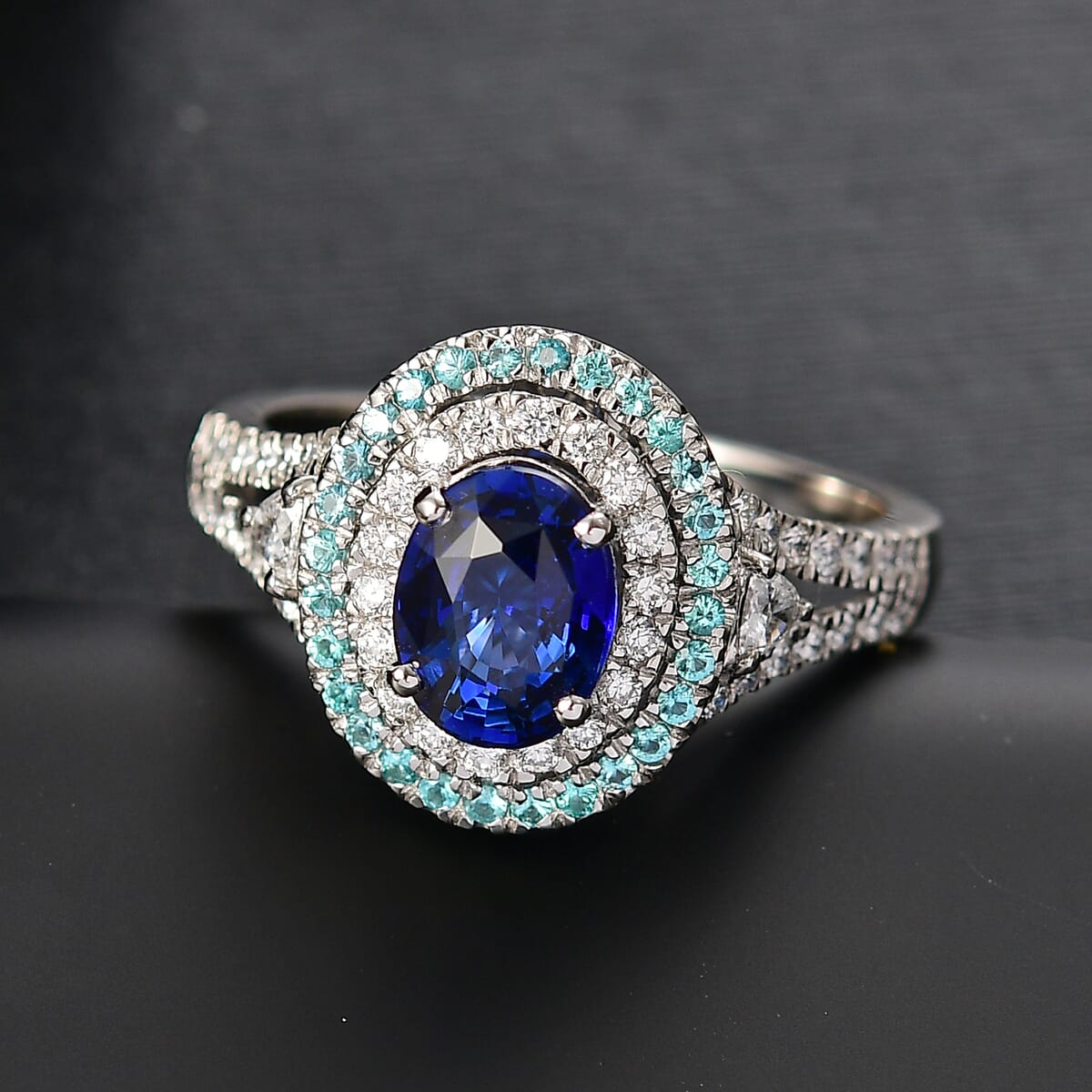 Certified & Appraised Rhapsody AAAA Ceylon Blue Sapphire, Paraiba Tourmaline and E-F VS Diamond 3.00 ctw Ring in 950 Platinum (Size 7.0) 9 Grams image number 1